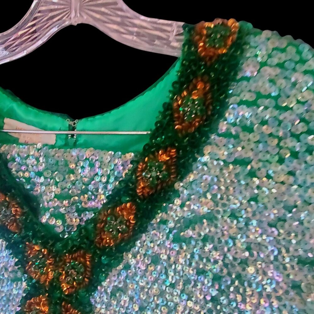 Vintage Sequin Beaded Green Skirt Set Size L 60s NWOT Cocktail Evening Wear - Picture 7 of 13